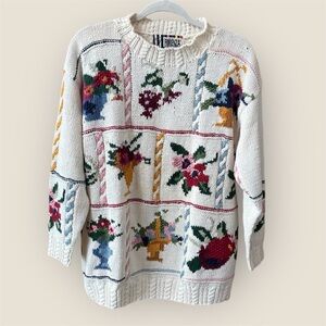Vintage Forenza White Floral Grid Pattern Knit Sweater long sleeve cotton blend